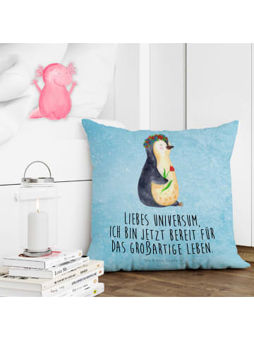 Mr. & Mrs. Panda 40x40 Kissen Pinguin Blumen mit Spruch in Eisblau