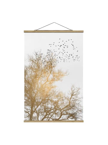 WALLART Stoffbild - Vogelschwarm vor goldenem Baum in Gold