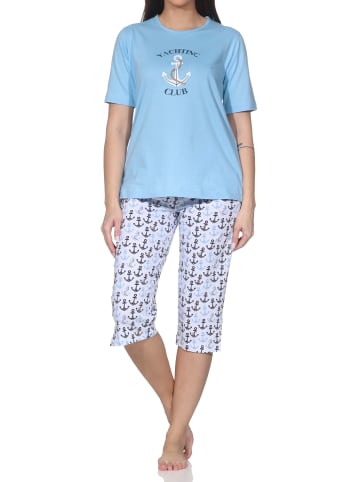 NORMANN Kurzarm Pyjama Schlafanzug Shorty Maritimer Look in hellblau