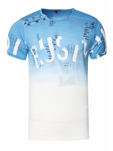 Rusty Neal T-Shirt Verwaschen mit Farbverlauf und Seitlicher Knopfleiste in Blau