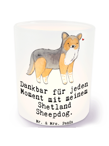 Mr. & Mrs. Panda Glas Windlicht Shetland Sheepdog Moment mit Spruch in Transparent