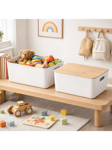 relaxdays 2 x Aufbewahrungsbox in Weiß/ Natur – (B)36 x (H)16 x (T)25 cm