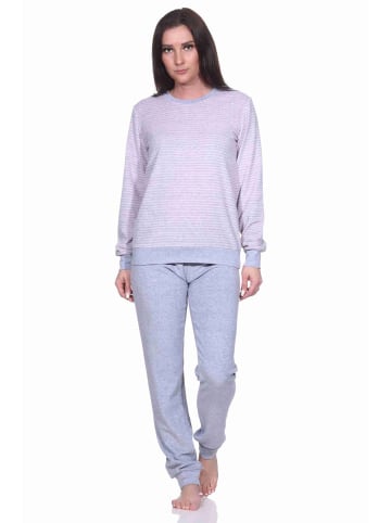 NORMANN Frottee Pyjama langarm Bündchen Streifen - 71522 in Grau