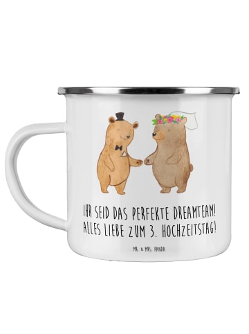 Mr. & Mrs. Panda Camping Emaille Tasse 3. Hochzeitstag Lederhoch... in Weiß