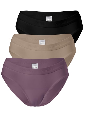 Yenita® Bikinislip 3er Set Damen Slips mit elastischem Logobund in schwarz-beige-pflaume
