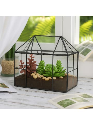 relaxdays Pflanzenterrarium "Haus" in Schwarz - (B)23 x (H)21 x (T)14 cm
