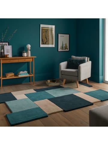 KADIMA DESIGN Wollteppich handgetuftet, geometrisch, rutschfest, Teppich Wolle in Türkis