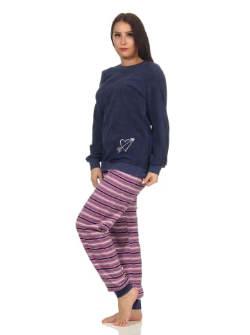NORMANN Frottee Pyjama Bündchen Hose gestreift Oberteil Herz - 50142 in marine