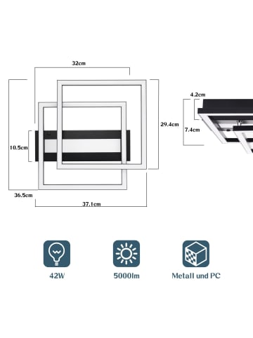 ZMH Deckenleuchte LED in schwarz 2-flammige eckig dimmbar Moderne Wohnzimmerlampe