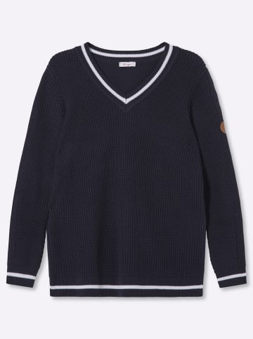 sheego Langarm-Pullover in tiefblau-ecru