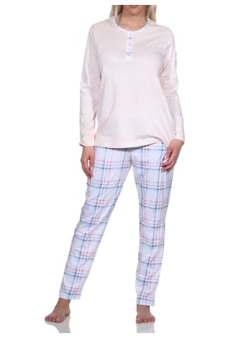 NORMANN Schlafanzug langarm Pyjama karierter Hose Jersey - 78573 in rosa