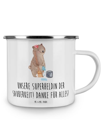 Mr. & Mrs. Panda Becher Emaille Putzfrau Superheldin mit Spruch in Weiß