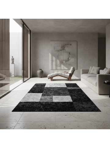 KADIMA DESIGN Teppich Kurzflor Waschbar Karo LATEMAR Strapazierfähig OEKO-TEX in Schwarz
