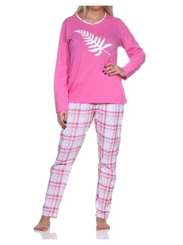 NORMANN Damen Schlafanzug langarm in tollen Farben mit Karo-Muster - 86316 in pink