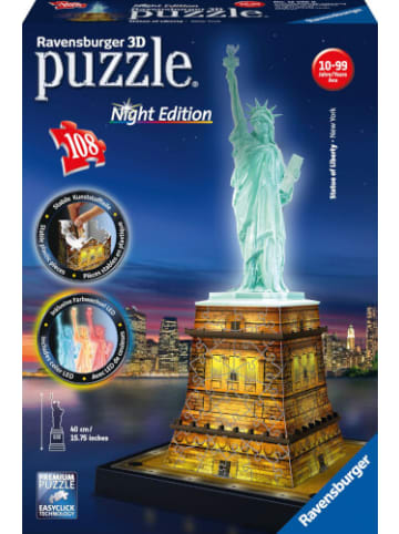 Ravensburger 3D Puzzle Freiheitsstatue bei Nacht 12596 - New York als Night Edition mit LED