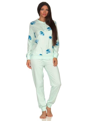 NORMANN Pyjama Schlafanzug langarm Bündchen und Blumenprint in helltürkis