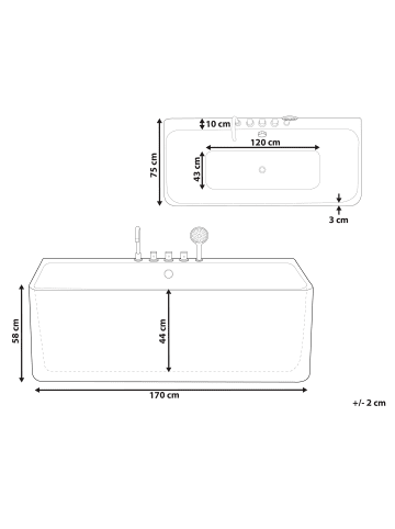 Beliani Badewanne QUATRE in Weiß/Schwarz - (W) 75 x (H) 58 x (L) 170 cm