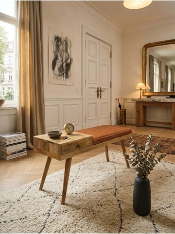 KADIMA DESIGN Sitzbank Ziegenleder / Massivholz Bank 100x52x38 cm im Retro Stil,