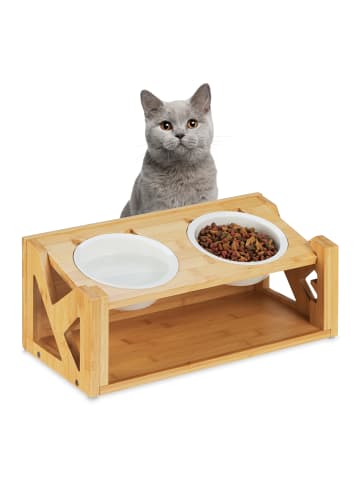 relaxdays Katzen Futterstation in Natur/ Weiß - (B)37,5 x (H)16,5 x (T)19 cm