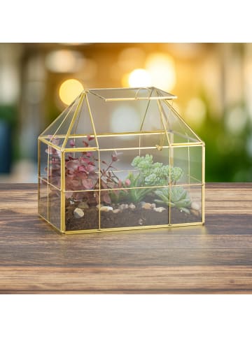 relaxdays Pflanzenterrarium "Haus" in Gold - (B)23 x (H)21 x (T)14 cm