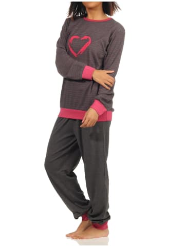 NORMANN Pyjama langarm Bündchen und Herz Streifen - 58327 in anthrazit