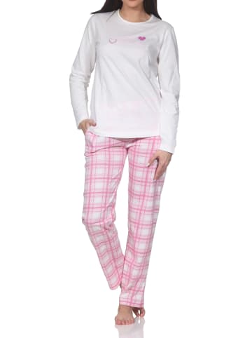 NORMANN Schlafanzug langarm Pyjama karierter Hose Jersey Übergrößen in creme