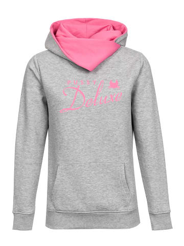 Pussy Deluxe Schalkragenpullover Logo in grau meliert/pink