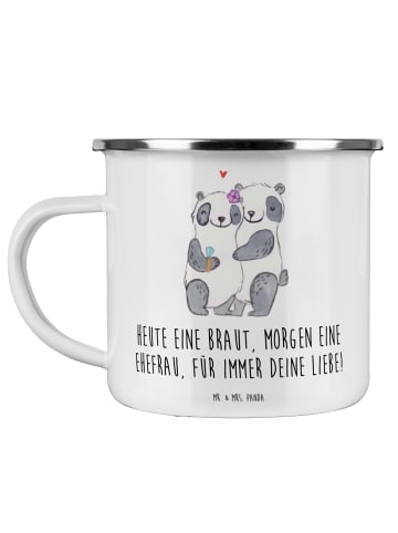 Mr. & Mrs. Panda Camping Emaille Tasse Braut Liebe mit Spruch in Weiß