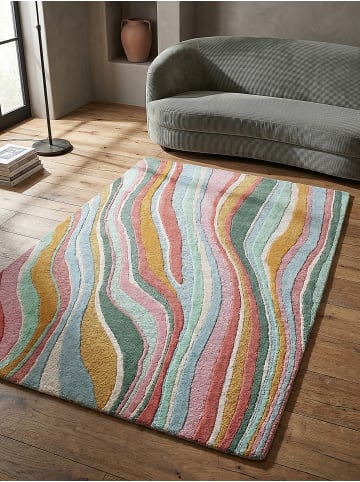 KADIMA DESIGN Teppich Wolle Handgetuftet DERWENT Wellen Muster Wohnzimmer in Multicolor-Grün
