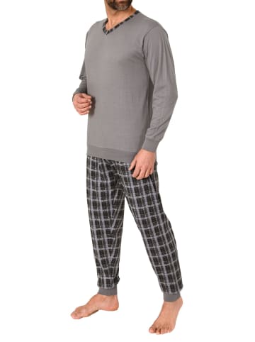 NORMANN Langarm Schlafanzug Bündchen und karierter Jersey Pyjamahose - 86155 in grau