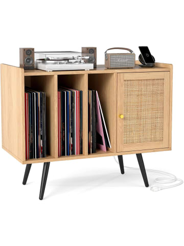 COSTWAY Plattenspieler-Ständer mit Ladestation in Hellbraun