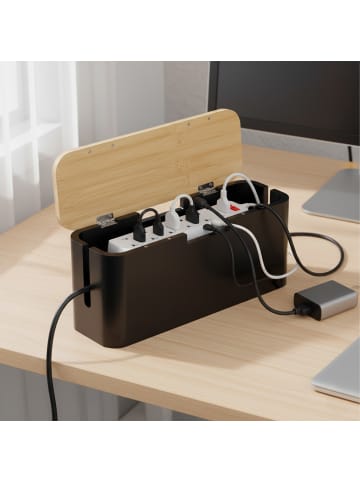 relaxdays Kabelbox in Natur/ Schwarz - (B)34 x (H)14,5 x (T)11 cm