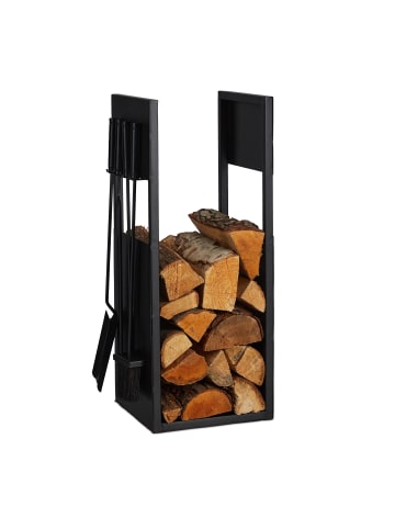 relaxdays Kaminholzregal mit 5tlg. Kaminbesteckset in Schwarz - (B)36 x (H)76,5 x (T)30 cm