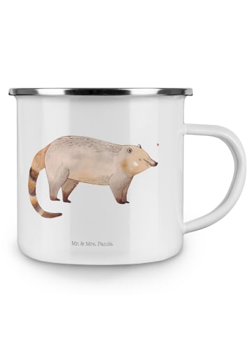 Mr. & Mrs. Panda Camping Emaille Tasse Nasenbaer ohne Spruch in Weiß