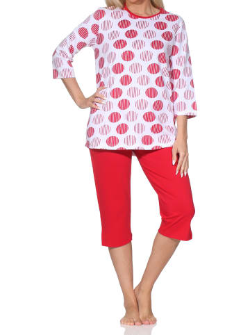 NORMANN Kurzarm Capri Schlafanzug Pyjama Tupfen Punkte Look in rot