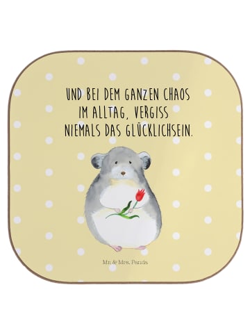 Mr. & Mrs. Panda Getränkeuntersetzer Chinchilla Blume mit Spruch in Gelb Pastell