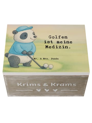 Mr. & Mrs. Panda Holzkiste Panda Golfen Design mit Spruch in Weiß