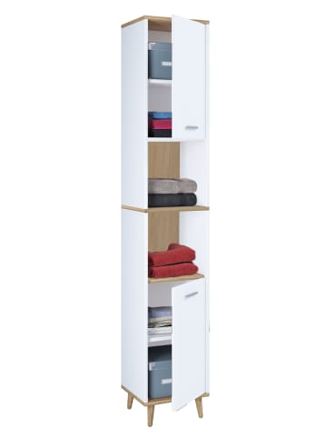 VCM  Holz Badmöbel Bad Hochschrank Badschrank Landos in Weiß / Honig-Eiche