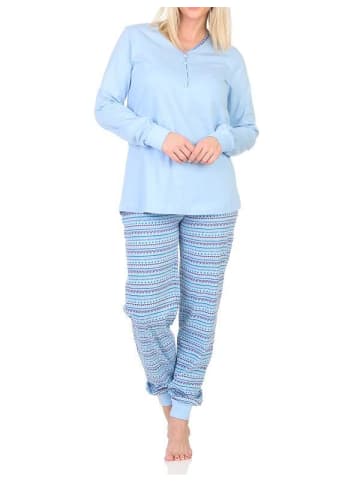 NORMANN Langarm Schlafanzug Pyjama Bündchen Ethnolook - 84670 in blau