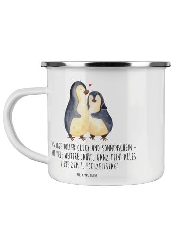 Mr. & Mrs. Panda Camping Emaille Tasse 1. Hochzeitstag Papierhoc... in Weiß