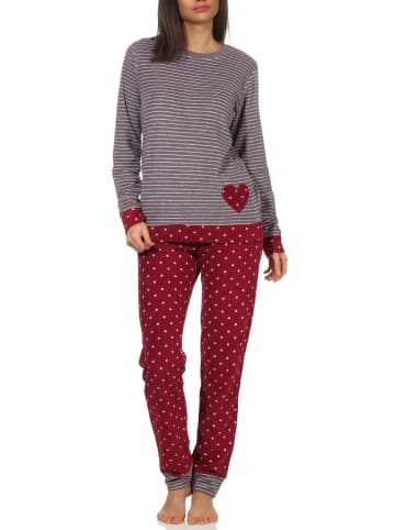 NORMANN Frottee Pyjama Bündchen Herz Tupfen und Ringeldesign - 58211 in Rot