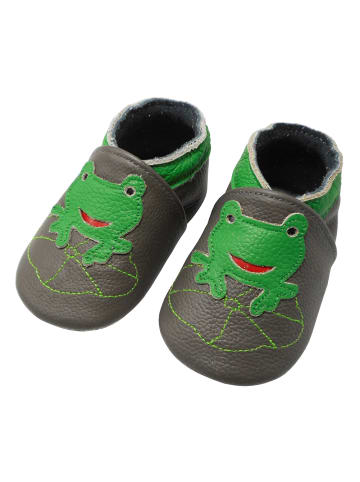 Yalion Babyschuhe aus Leder mit rutschfester Sohle – Grau mit Frosch-Muster