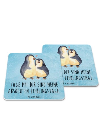 Mr. & Mrs. Panda Bierdeckel Pinguin umarmen mit Spruch in Eisblau