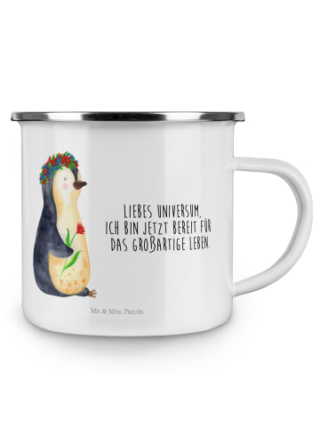 Mr. & Mrs. Panda Emaille Becher Pinguin Blumen mit Spruch in Weiß