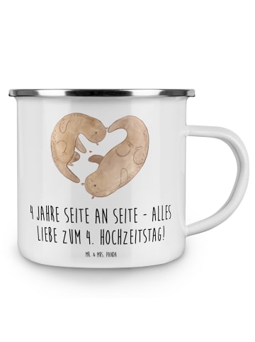 Mr. & Mrs. Panda Camping Emaille Tasse 4. Hochzeitstag Seidenhoc... in Weiß