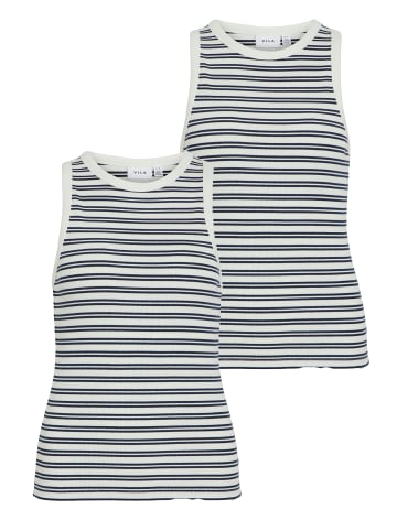 Vila 2er-SET Gestreiftes Shirt ärmelloses Rundhals Top in Weiß-Dunkelblau