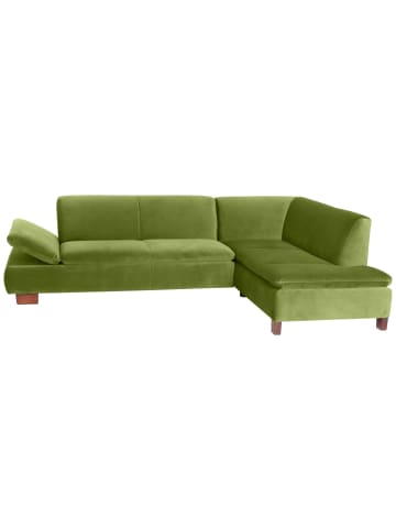 58 aufm Kessel ECKSOFA mit Ottomane rechts Kaye Bezug Samtvelours Buche nussbaum dunkel / oliv