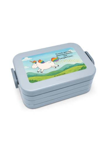 Mr. & Mrs. Panda Lunchbox Einhorn Happy Design mit Spruch in Blau Pastell