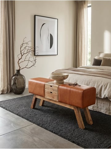 KADIMA DESIGN Retro-Sitzbank mit Schubladen, Massivholz, Stoffbezug, Seitentasche