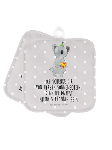 Mr. & Mrs. Panda Topflappen Koala Geschenk mit Spruch in Grau Pastell